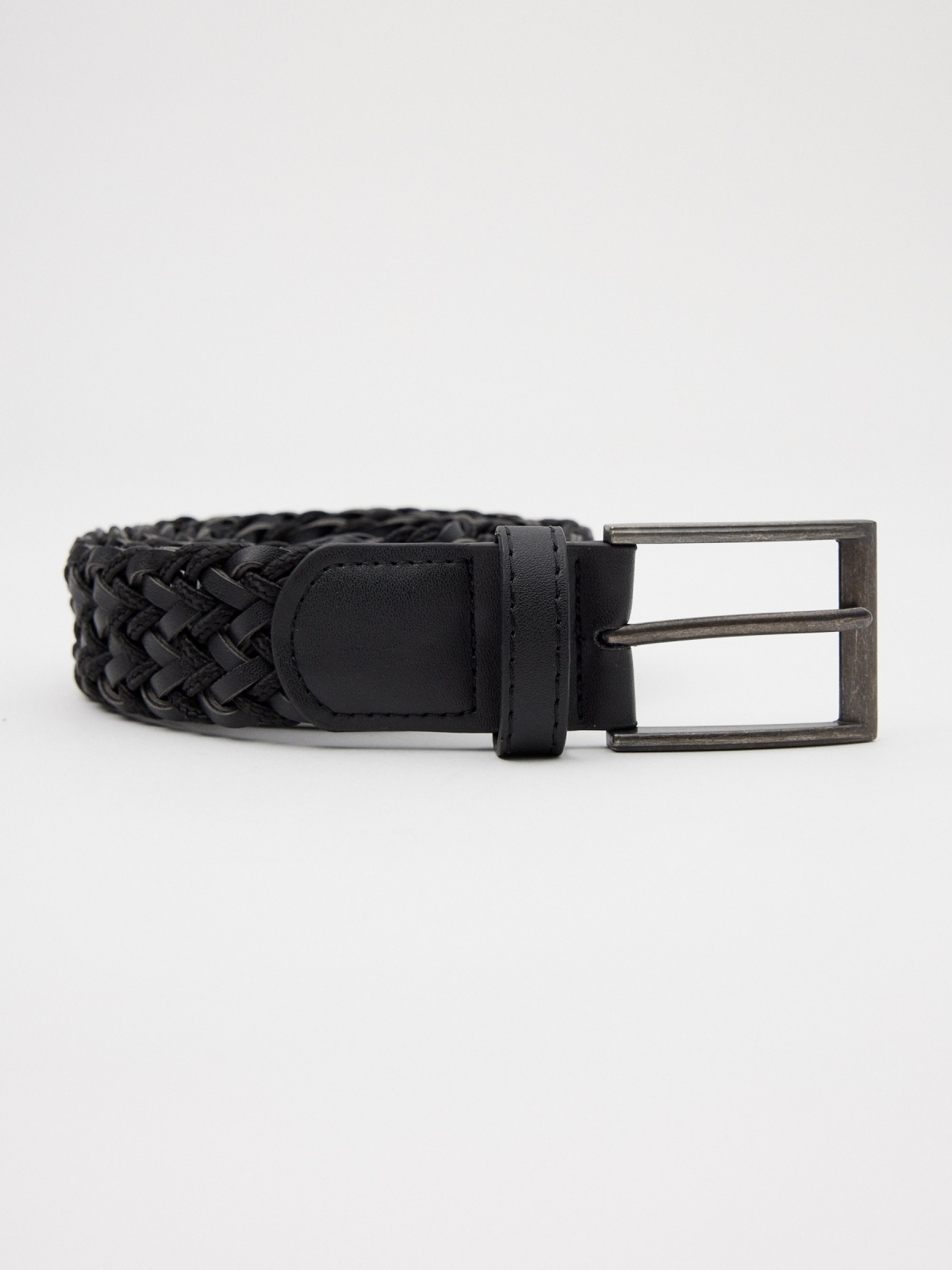 Men's black braided belt black rolled view