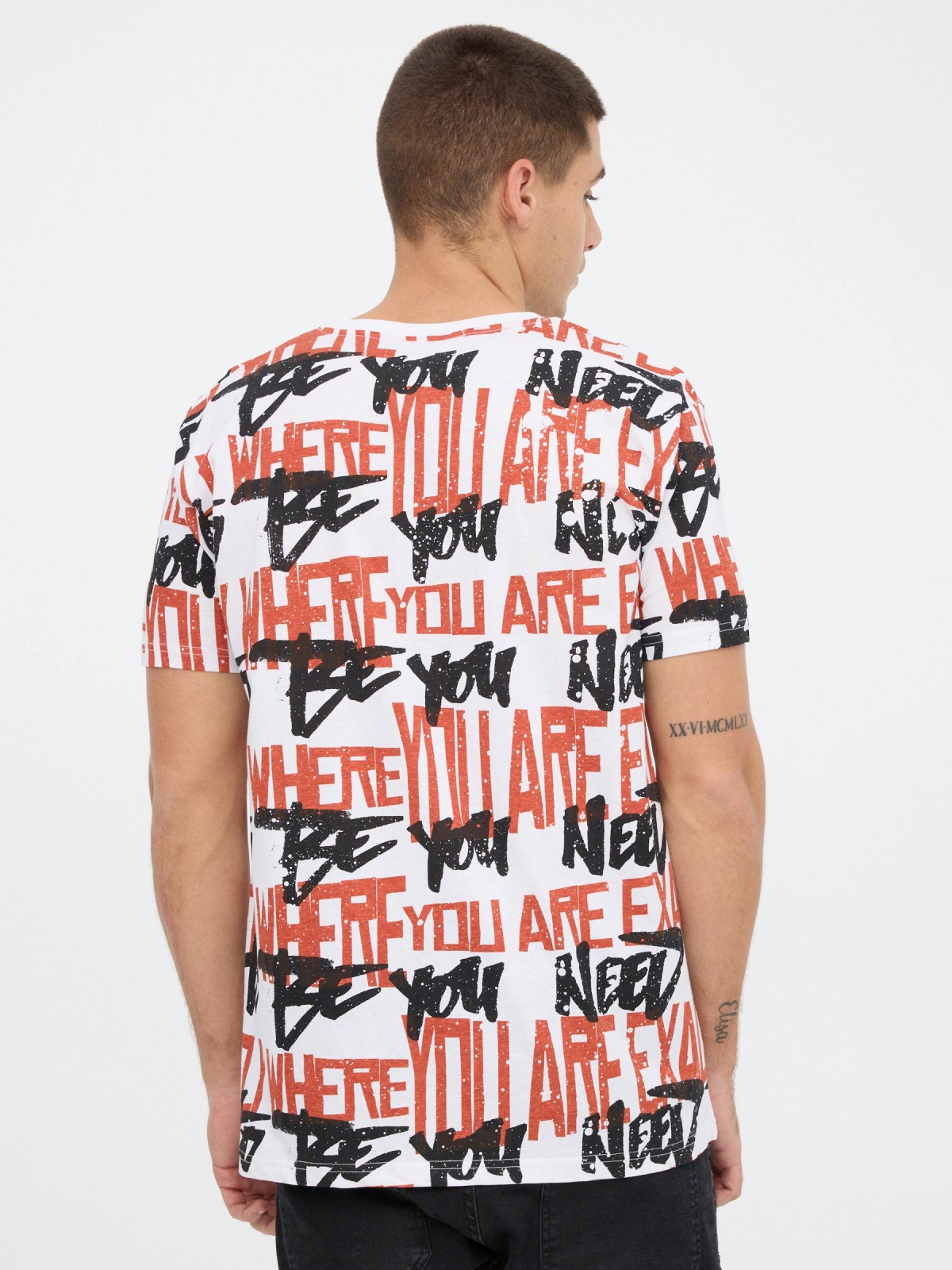 T-shirt with printed text white middle back view