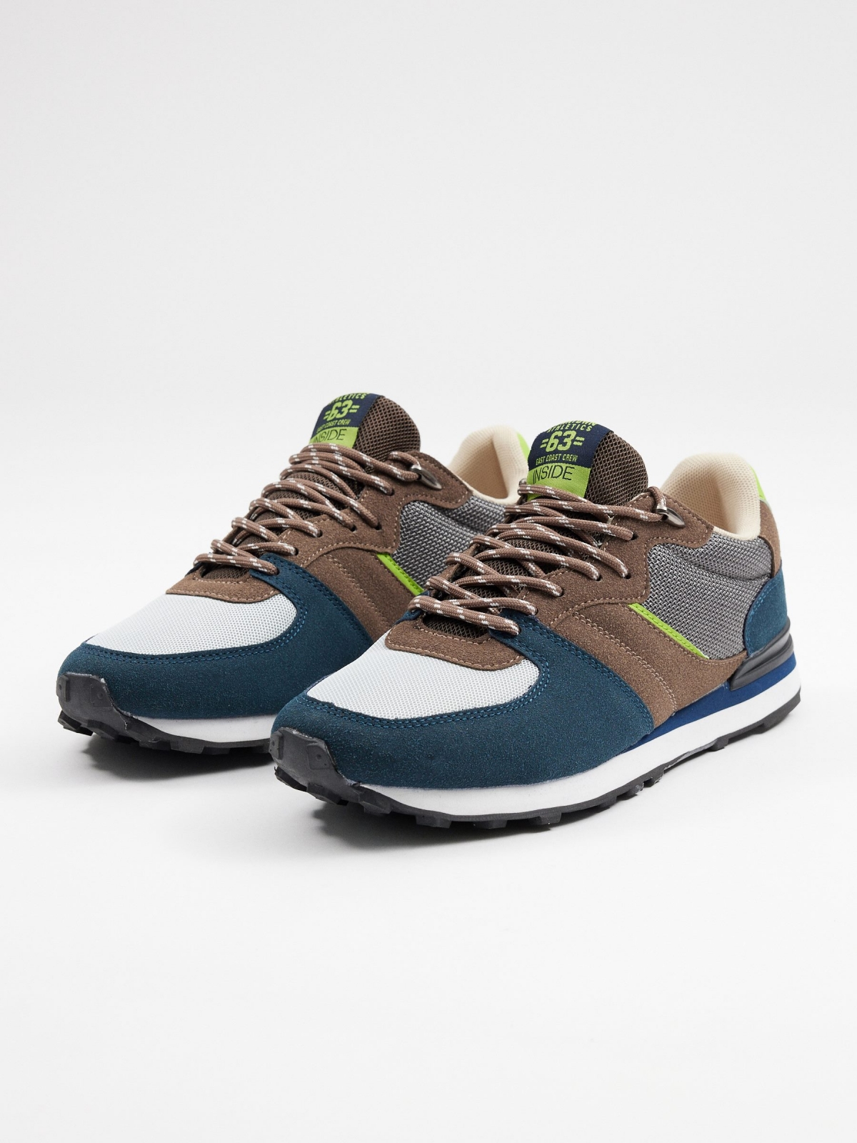 Brown casual sneaker petrol blue 45º front view