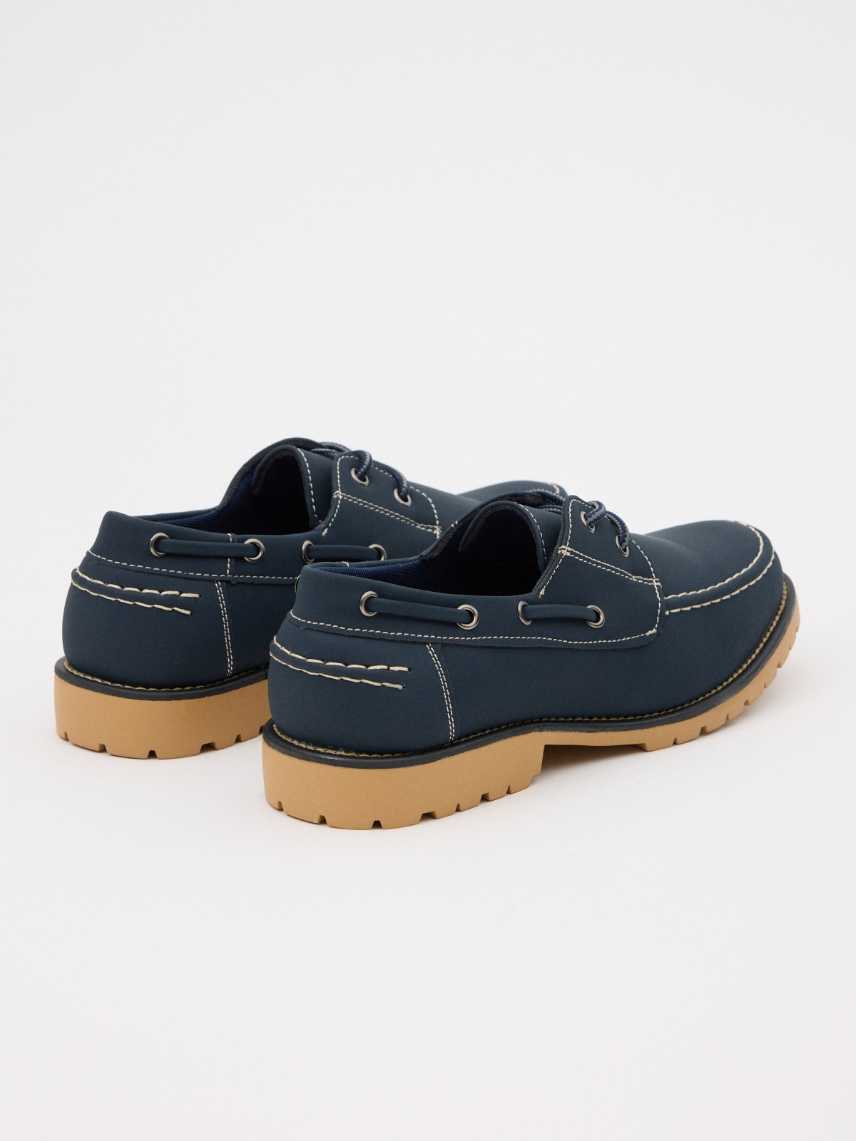 Navy leather effect nautical shoe navy 45º back view
