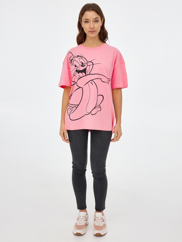Camiseta oversized Tom & Jerry rosa claro vista general frontal