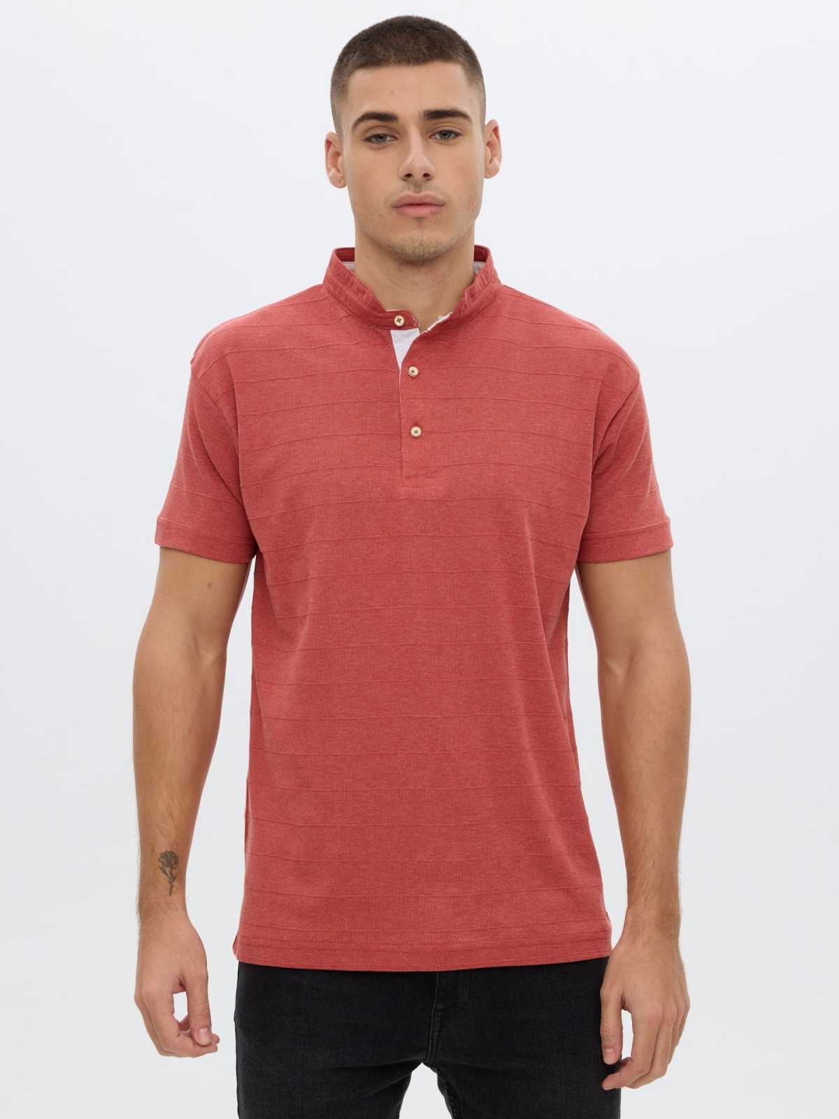 Mao collar textured polo shirt red middle front view
