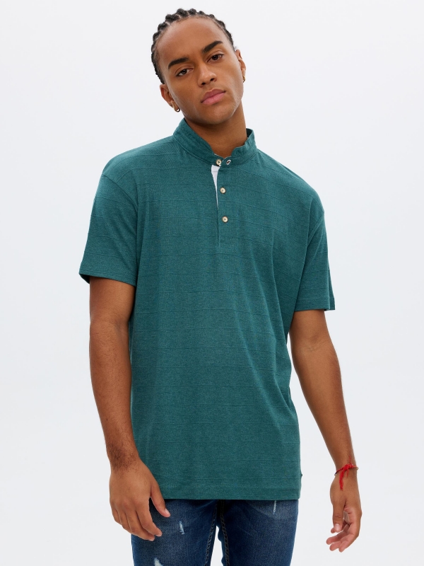 Mao collar textured polo shirt green middle front view