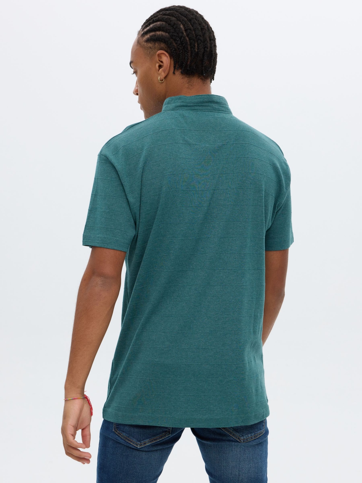Mao collar textured polo shirt green middle back view