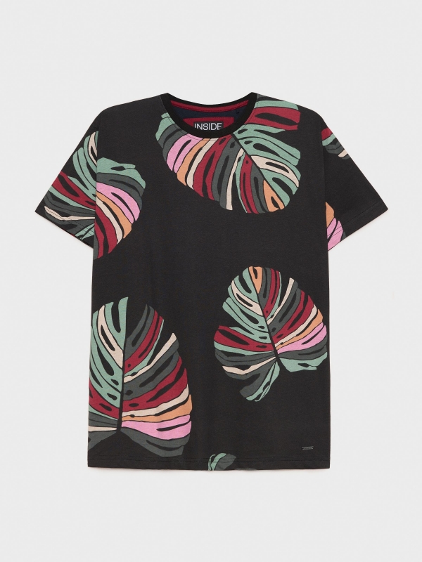  T-shirt de folhas multicoloridas preto