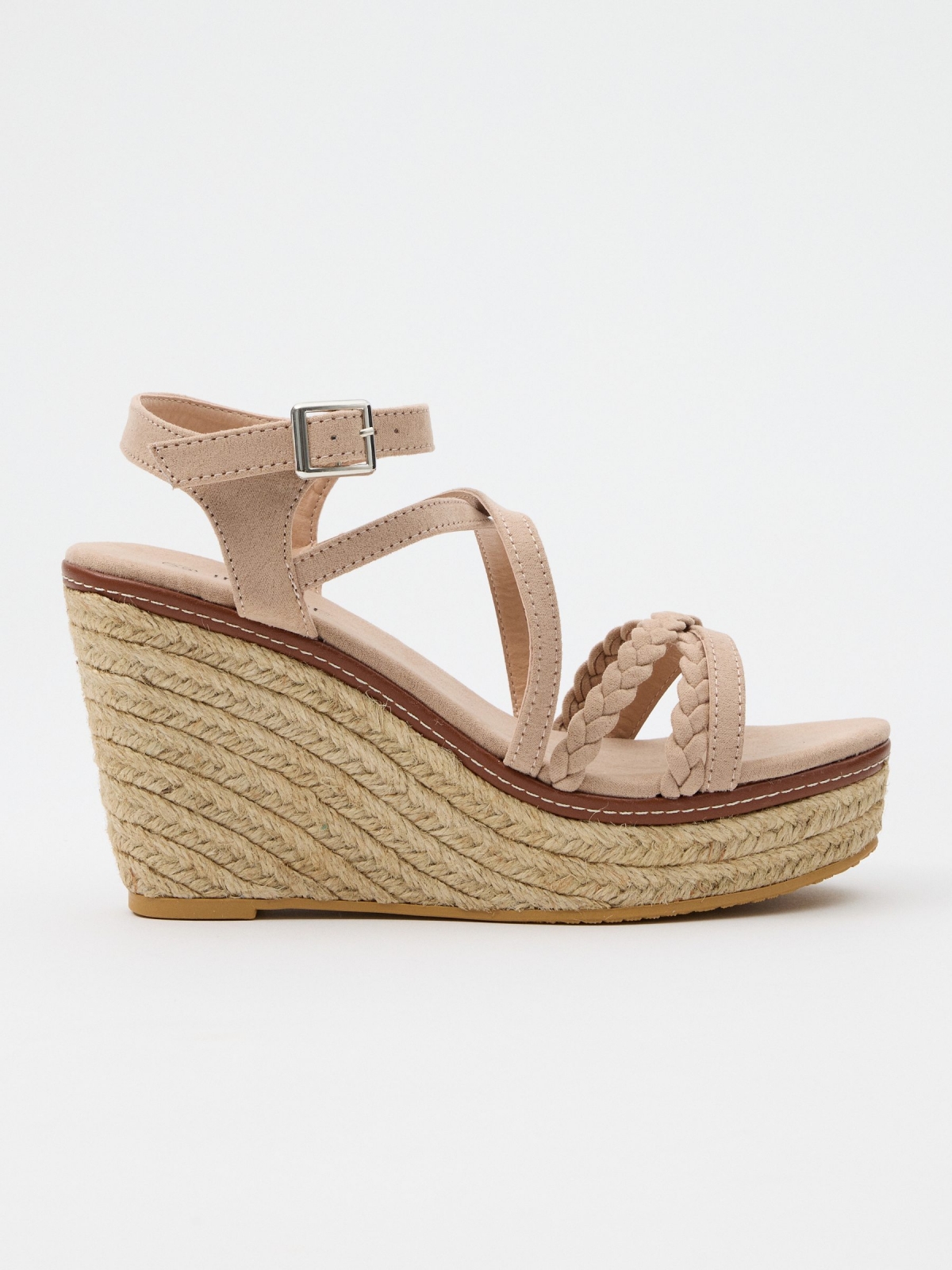Jute wedge crossed with braided straps powdered pink