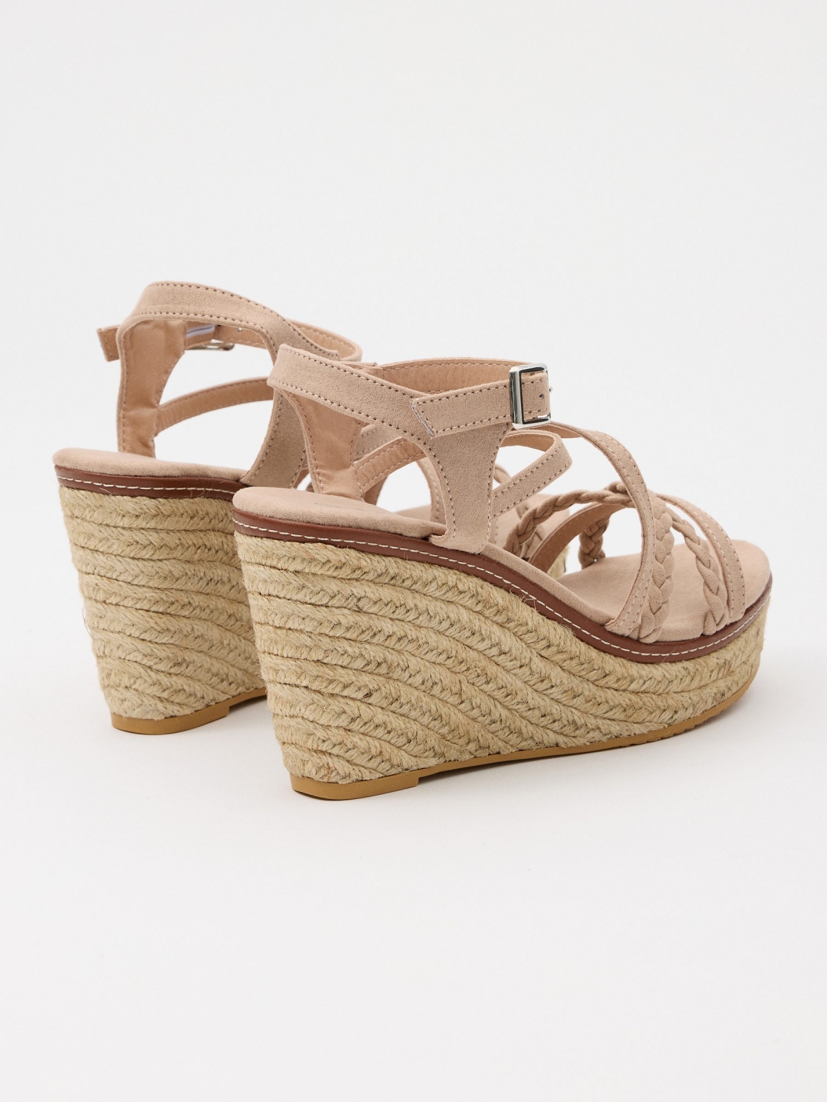 Jute wedge crossed with braided straps powdered pink 45º back view