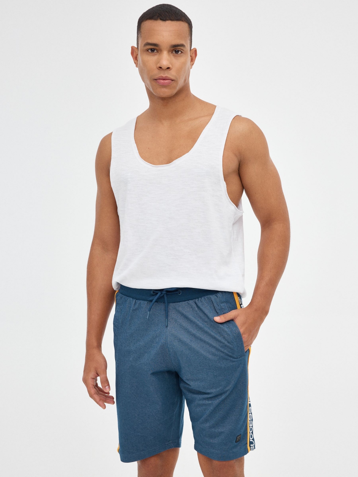 Textured Bermuda jogger shorts steel blue middle front view