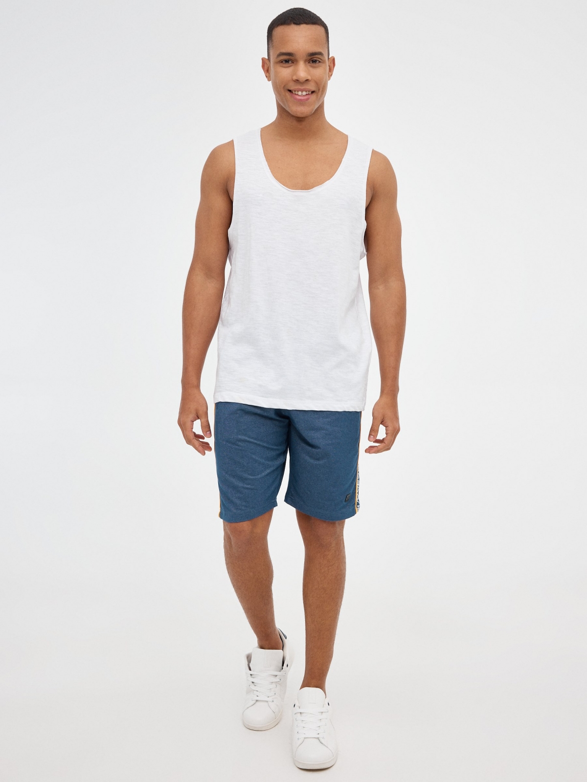 Textured Bermuda jogger shorts steel blue front view