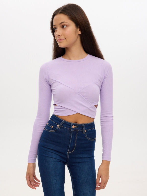 Rib cut out t-shirt lilac middle front view