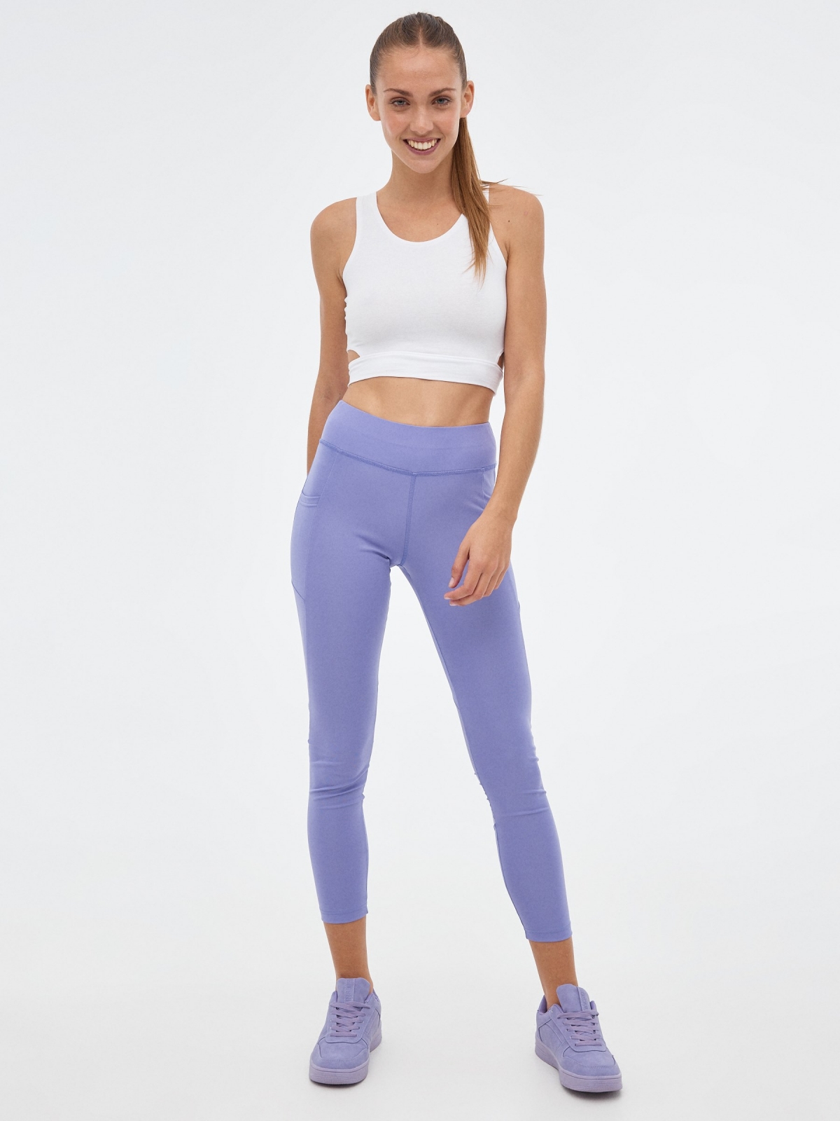 Leggings with mesh detail lilac front view
