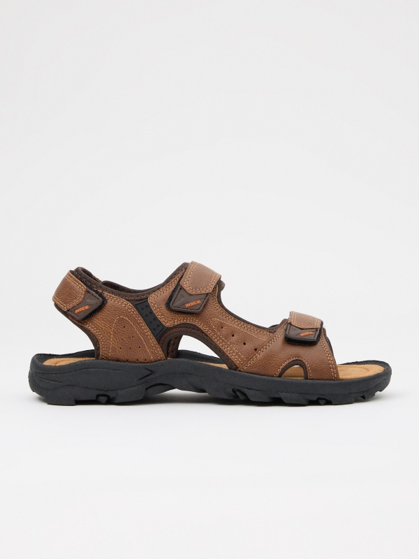 Brown leather effect velcro sandal