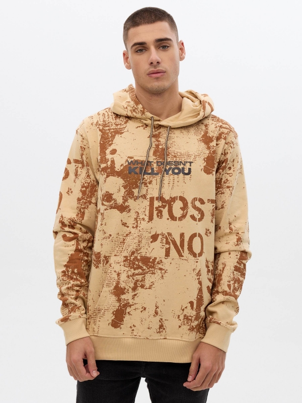 Text hooded sweatshirt sand middle front view