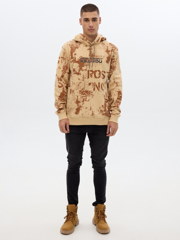 Text hooded sweatshirt sand front view