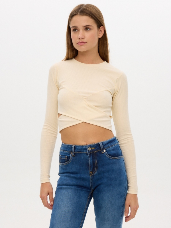 Rib cut out t-shirt beige middle front view