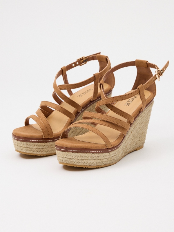 Wedge jute cross straps light brown 45º front view