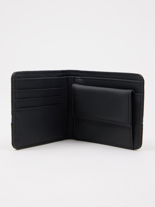 Black and blue leatherette wallet black back view