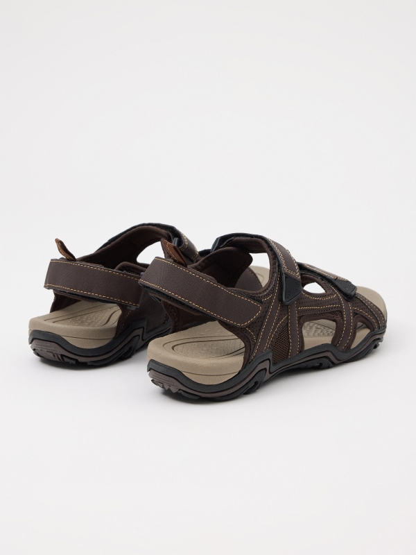 Sport crab sandal with velcro fastening dark brown 45º back view