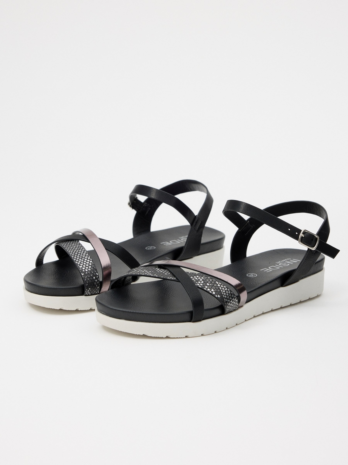 Strappy sandals with glitter black 45º front view