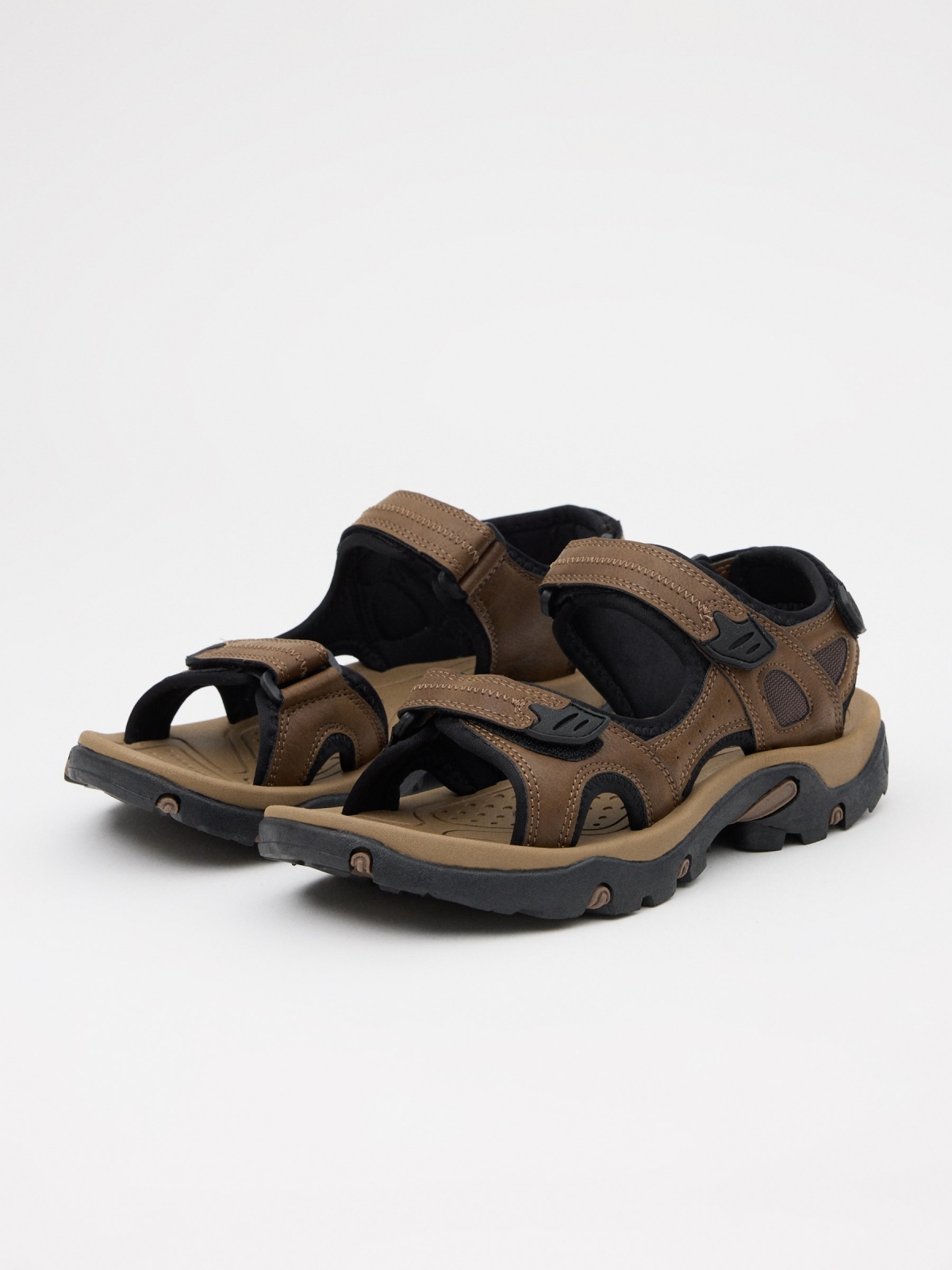Brown leather effect sports sandals dark brown 45º front view