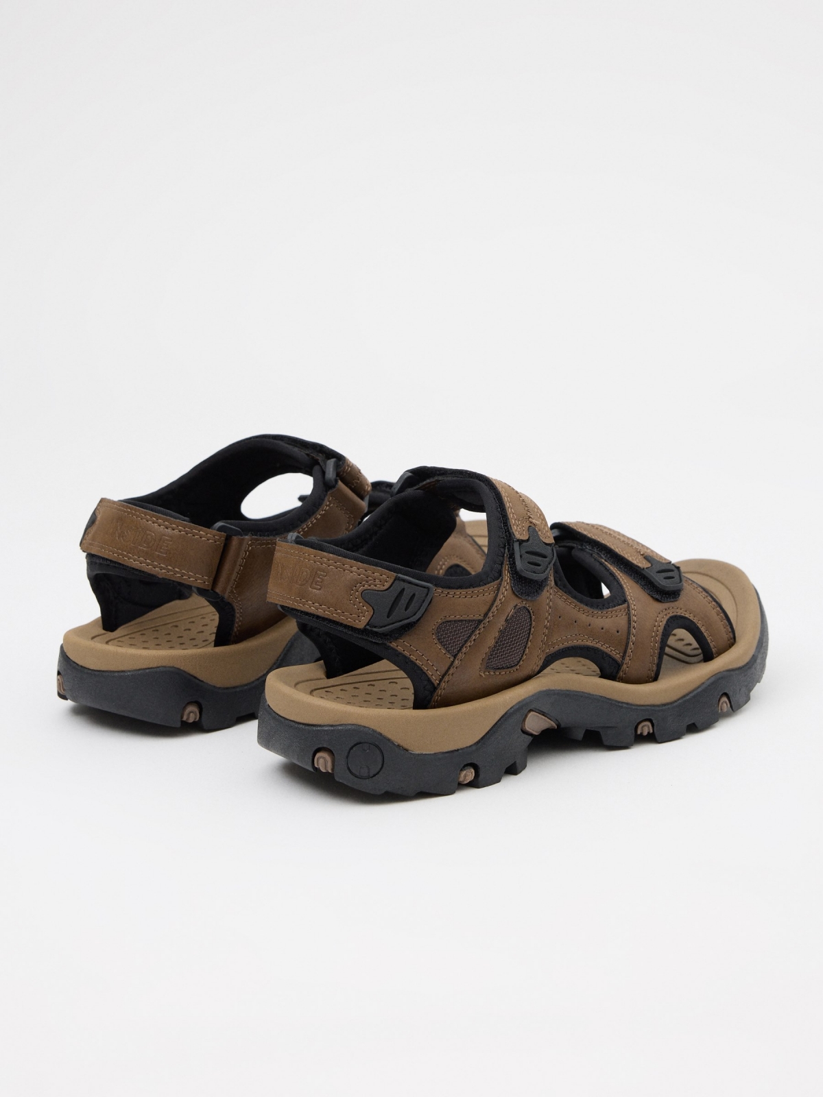 Brown leather effect sports sandals dark brown 45º back view