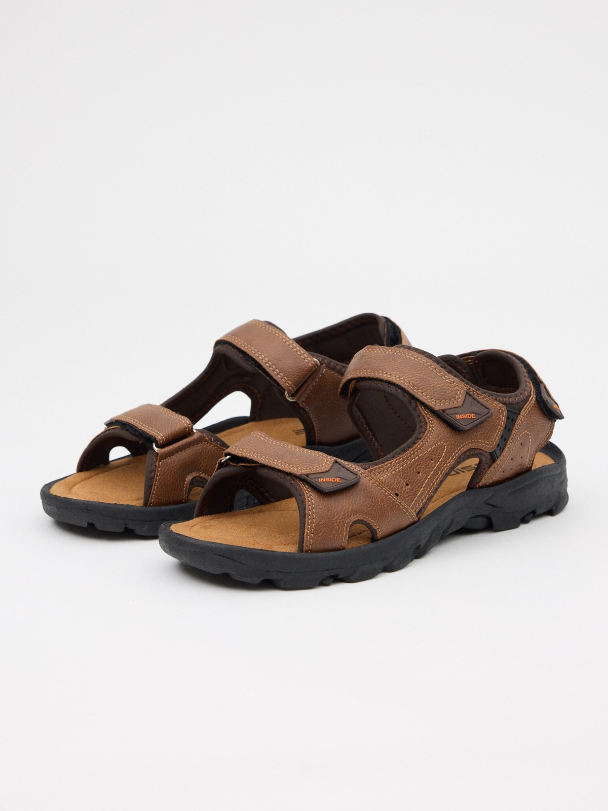 Brown leather effect velcro sandal 45º front view