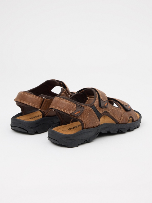 Brown leather effect velcro sandal 45º back view