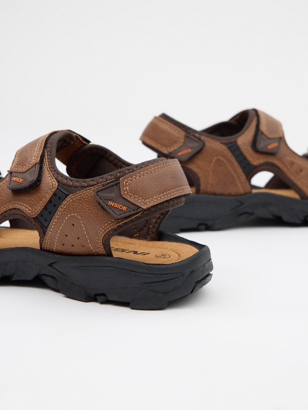 Brown leather effect velcro sandal detail view