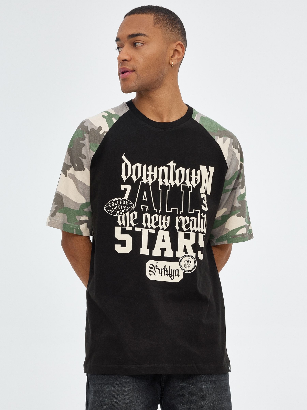 Text and camouflage t-shirt black middle front view