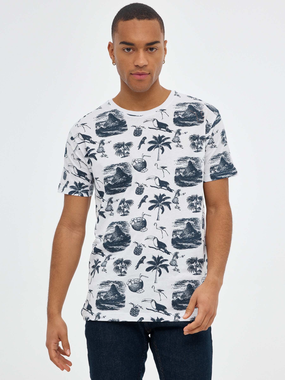 T-shirt de impressão hawaiana branco vista meia frontal