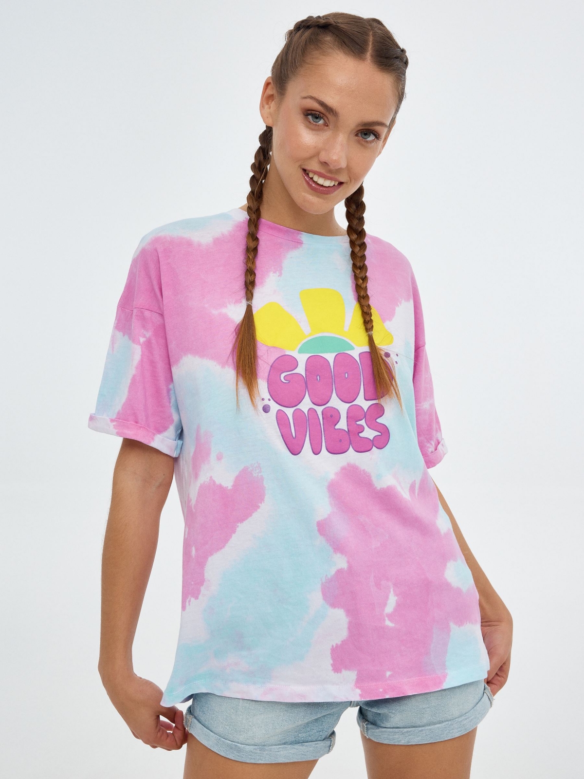 Tie&dye T-shirt Good Vibes multicolor middle front view