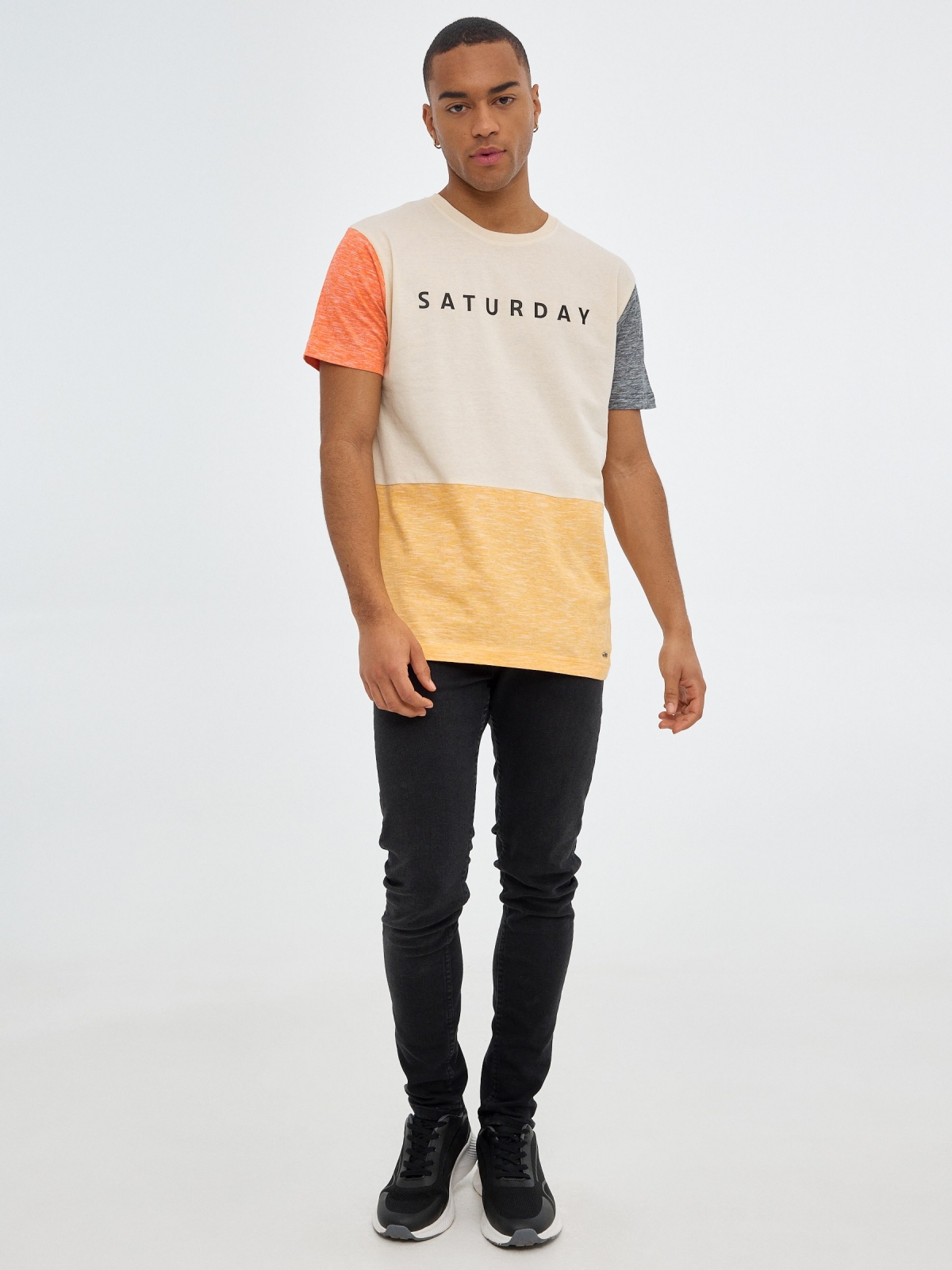 Saturday color block T-shirt sand front view