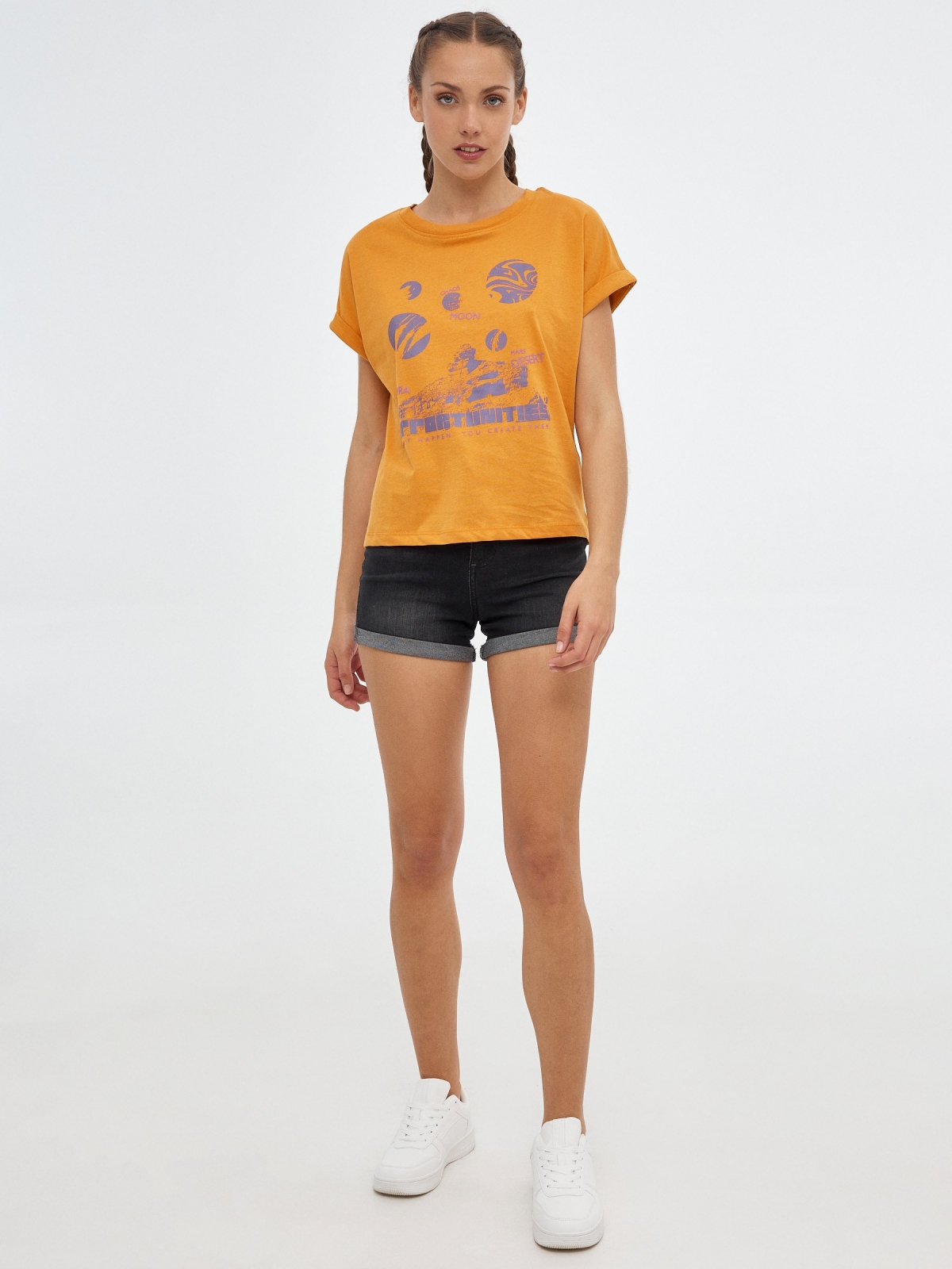 Planets print t-shirt ochre front view