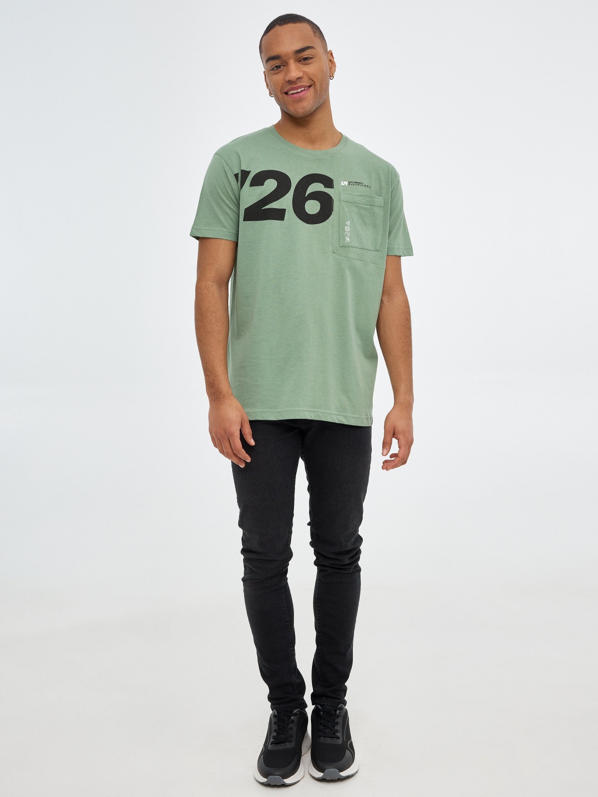 Graphic T-shirt with pocket olive green front view