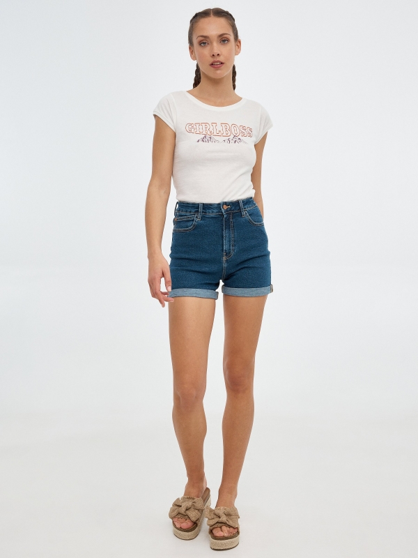 T-shirt print Girlboss off white vista geral frontal