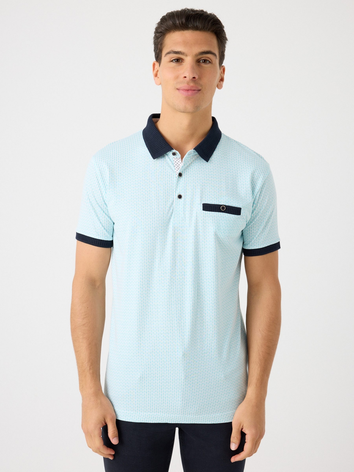 Printed polo shirt with rib details light blue middle front view