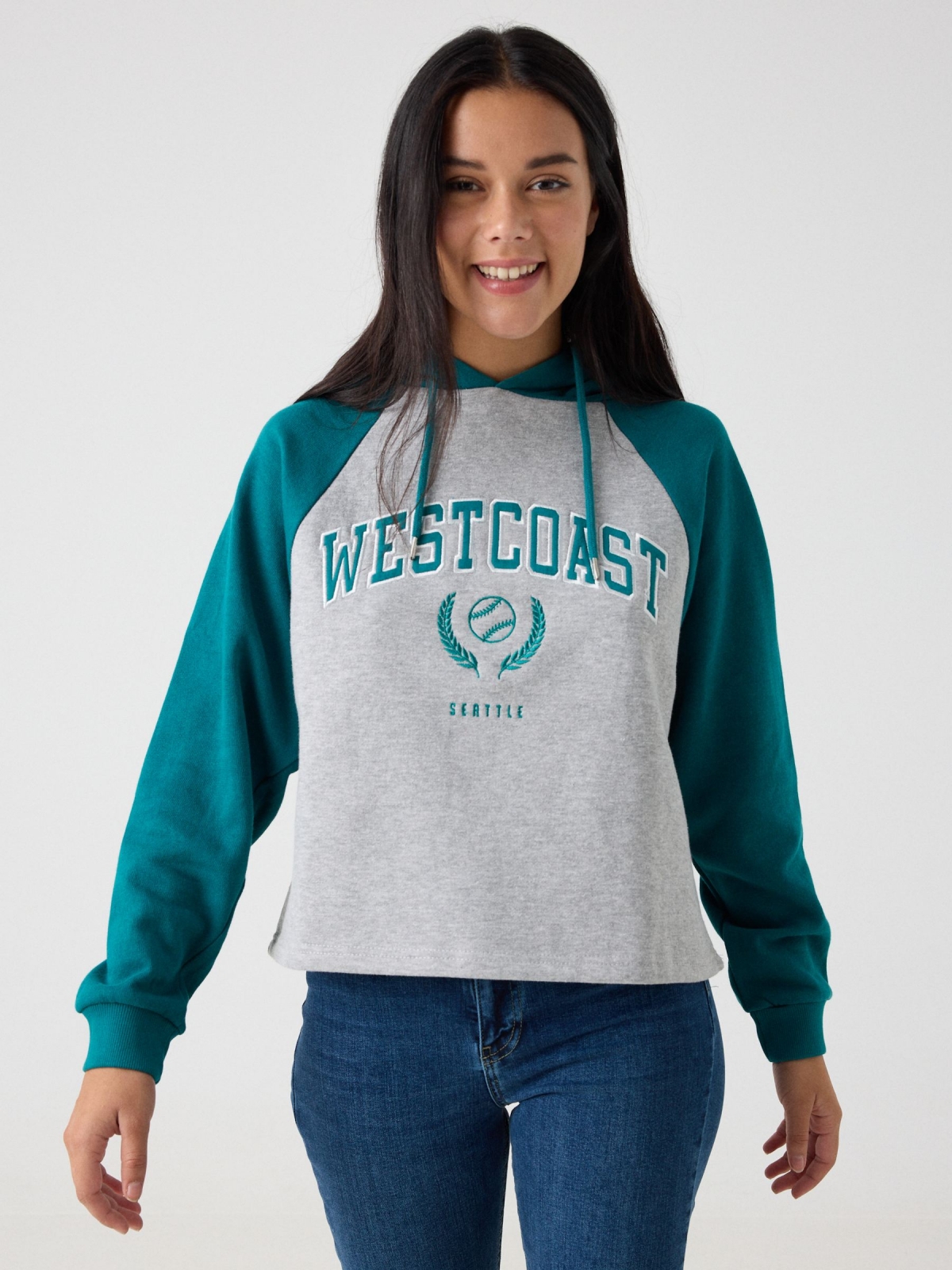 Embroidered hoodie sea green middle front view