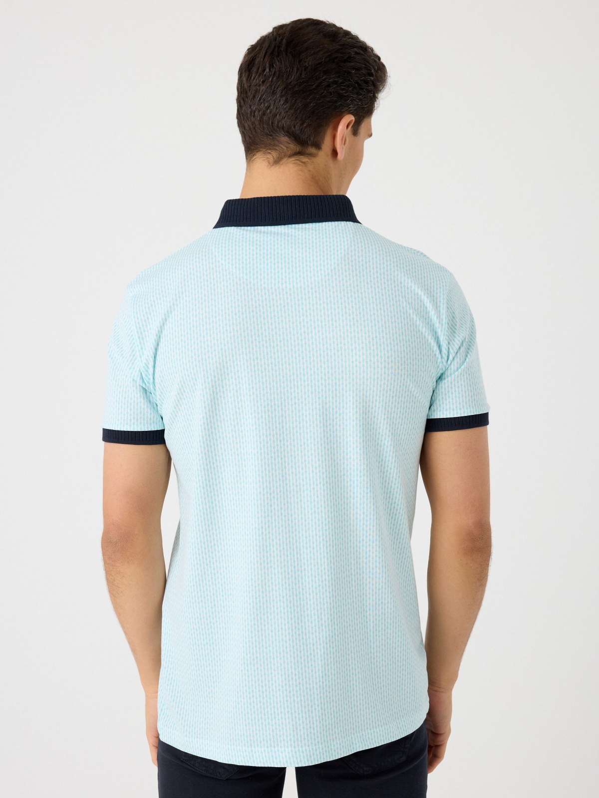 Printed polo shirt with rib details light blue middle back view