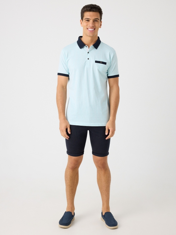 Printed polo shirt with rib details light blue front view