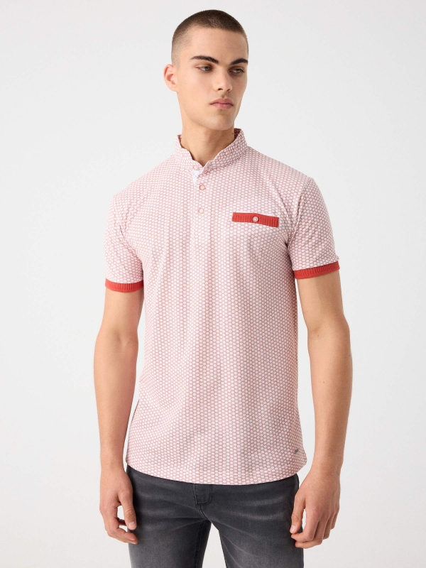 Mandarin collar printed polo shirt with pocket red middle front view