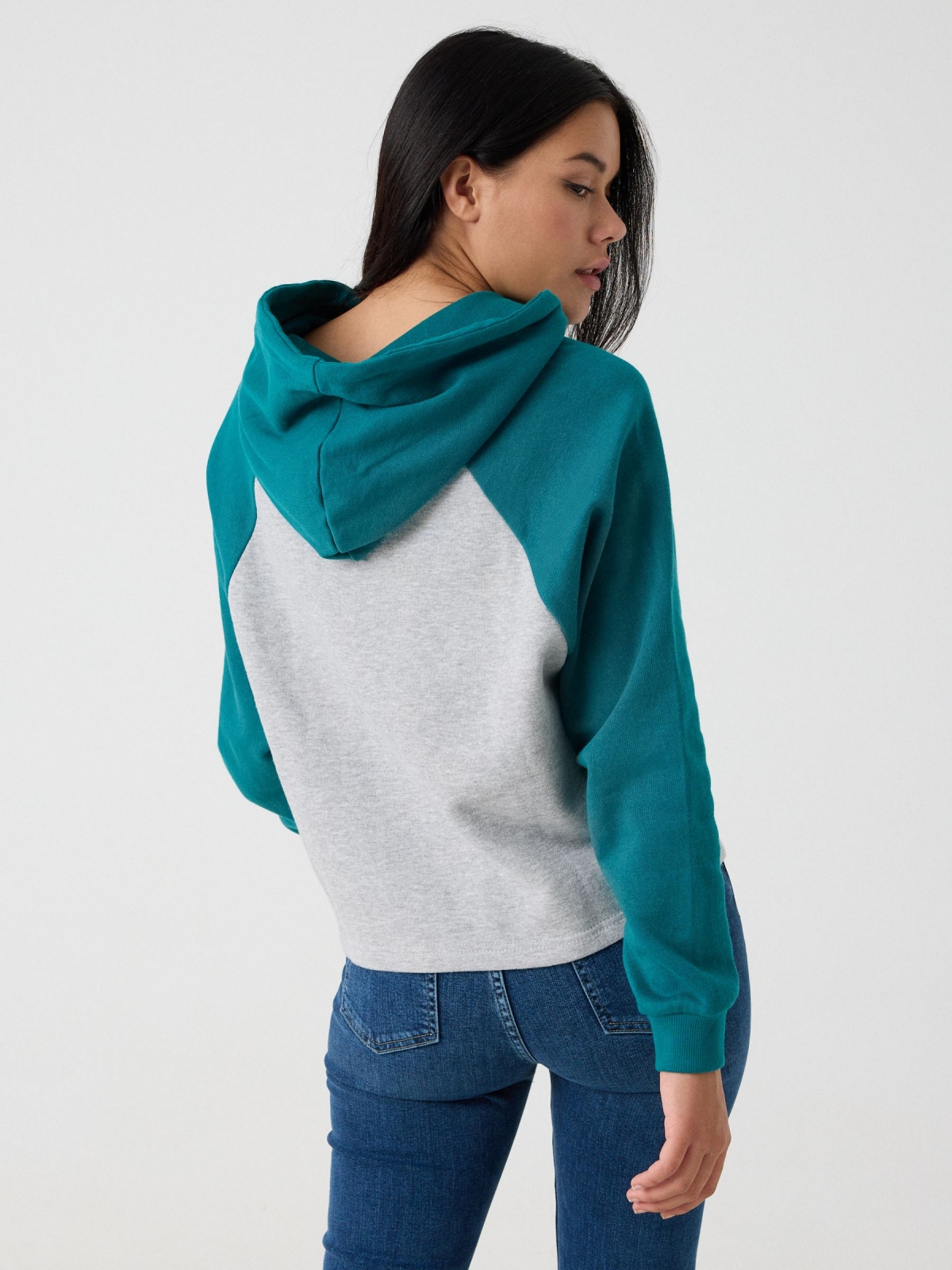 Embroidered hoodie sea green middle back view