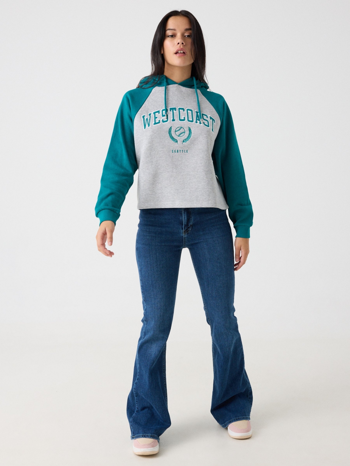 Embroidered hoodie sea green front view