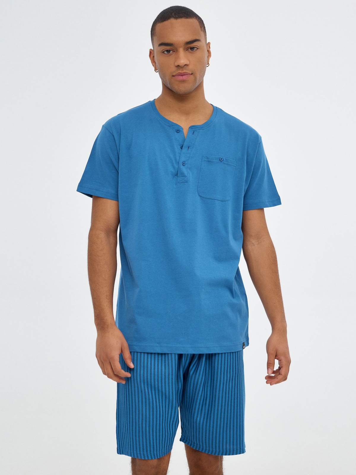 Calças de pijama de homem às riscas azul vista geral frontal