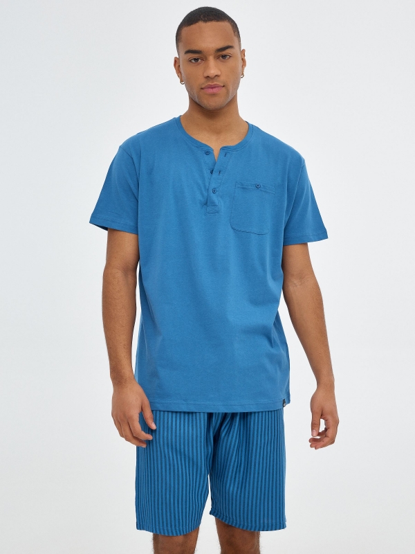 Calças de pijama de homem às riscas azul vista geral frontal