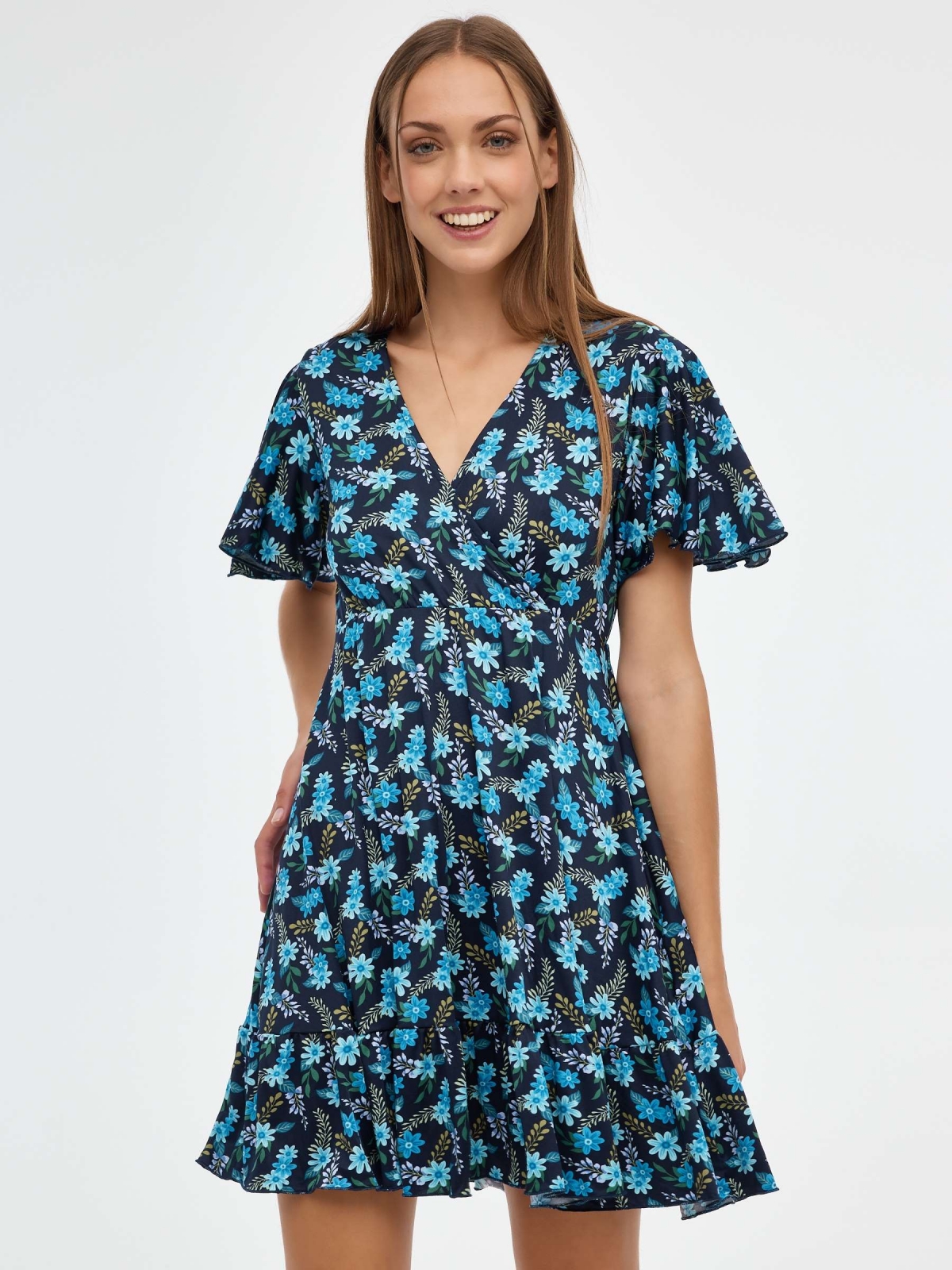 Mini-vestido com decote de crossover azul marinho vista meia frontal