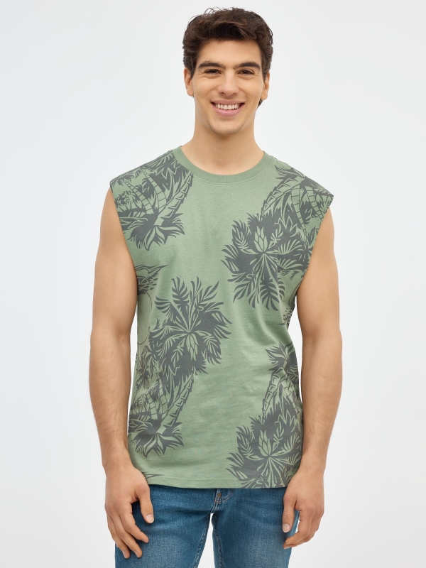 T-shirt print sem mangas verde oliva vista meia frontal