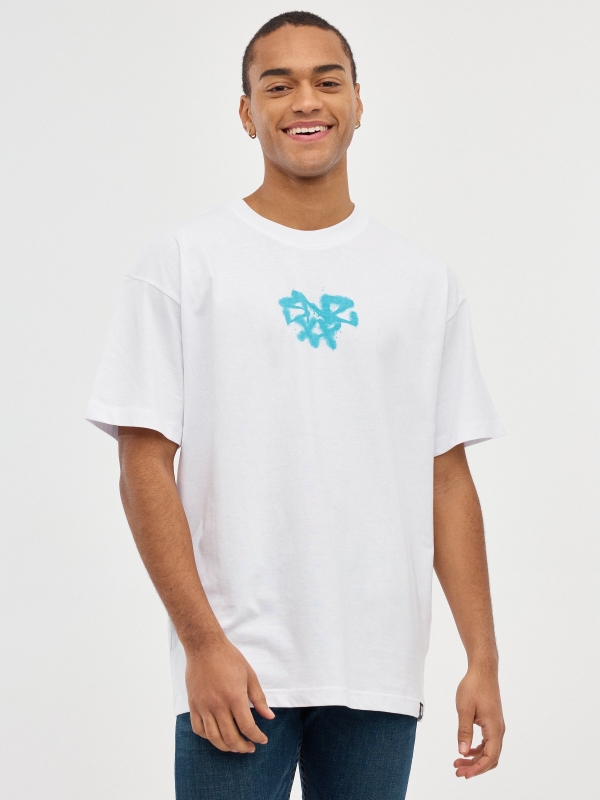 Blue graffiti t-shirt white middle front view
