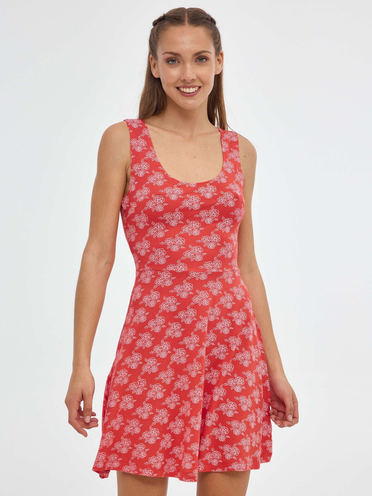 Mini vestido com estampas florais vermelho vista meia frontal