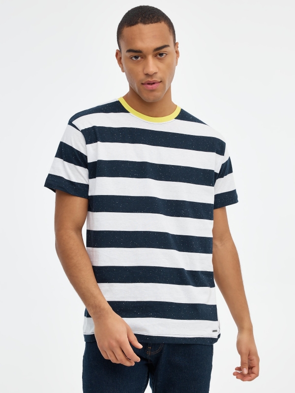 Striped T-shirt with collar navy middle front view