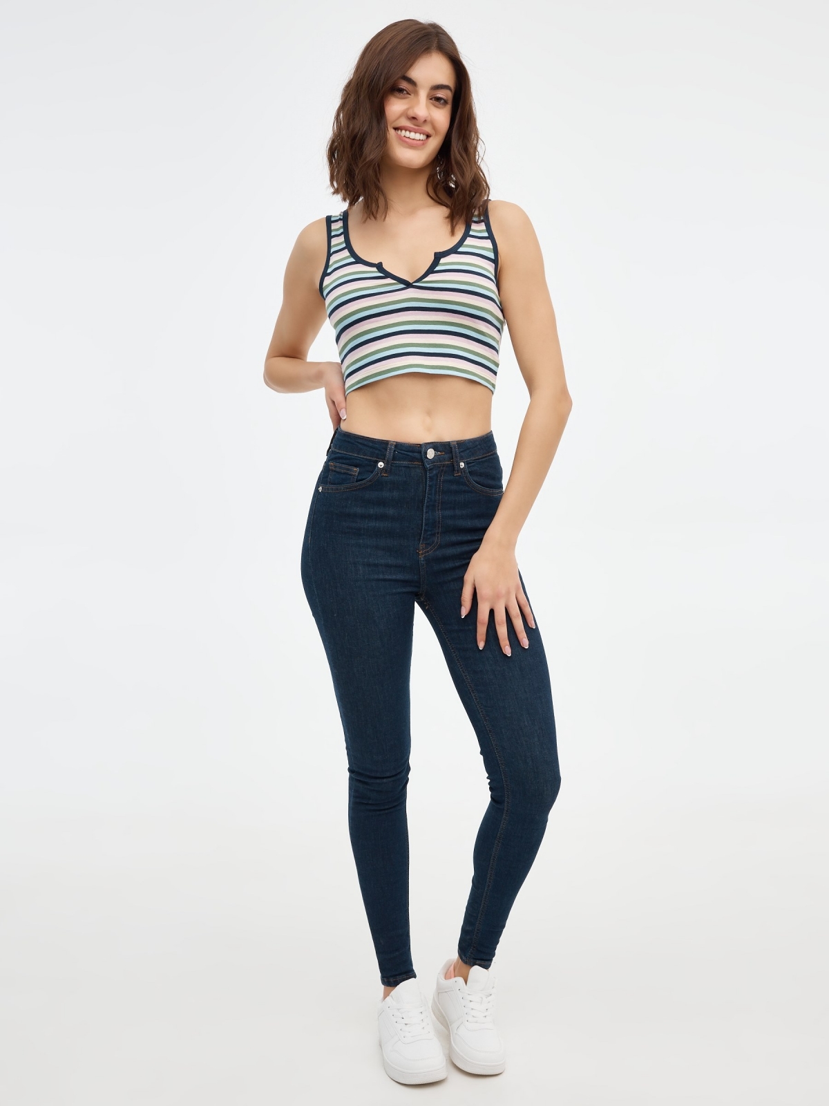 Striped Crop Top olive green front view